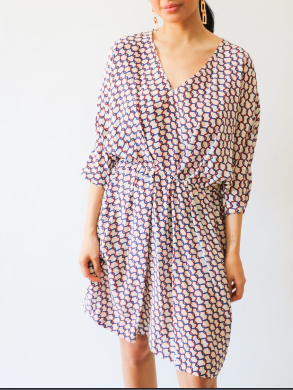 Maje 100% silk nautical preppy‎ Chainlink Print Dress in Navy & Red